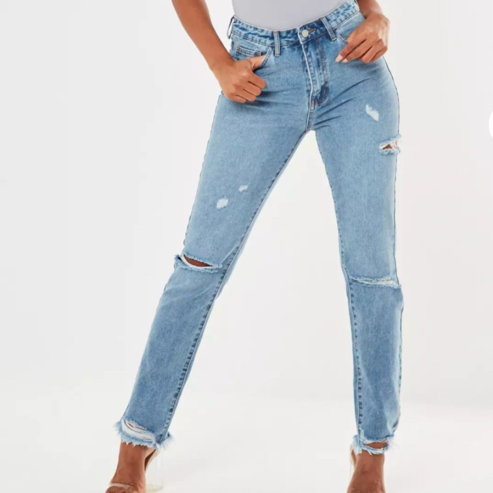 blue slim straight highwaisted thigh slash jeans